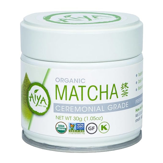 Aiya Organic Ceremonial Grade Matcha Powder - Premium Matcha Ceremonial Grade, Vibrant Jade Green Color, Mild Natural Sweetness, Japanese Tea Ceremonies - 30g Tin