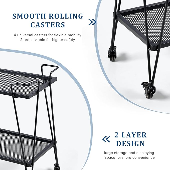 2-Tier Mobile Serving Cart-Industrial Metal Bar Cart on Hassle Casters- Minimalist Rolling Plant Display Stand-Modern Coffee Liquor Storage Cart for Office-28.3 * 14.6 * 27.6inch(L*W*H)