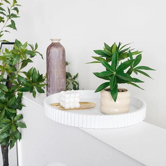 Round Decorative Tray for Coffee Table Decor, 11.8in White Decorative Serving Tray for Kitchen Counter,bandejas decorativas, Wooden Serving Tray for Party