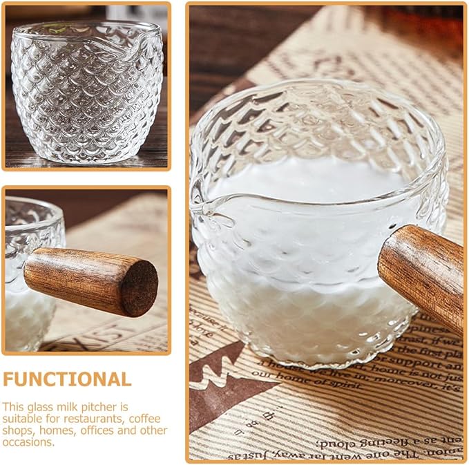 Cabilock 3pcs Glass Milk Pitcher with Wooden Handle, 6 Oz Small Glass Creamer Pitcher Set, Transparent Creamer for Coffee, Tea, Syrup, Salad Dressing