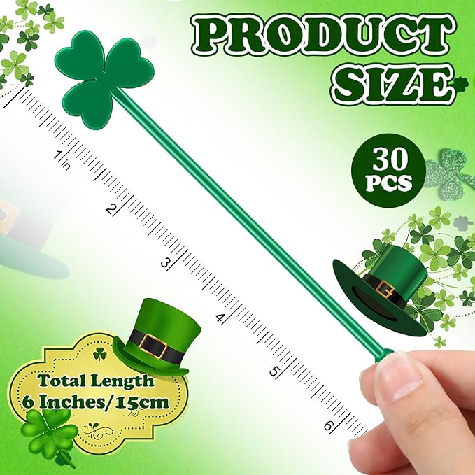 30 Pcs Saint Patrick's Day Drink Stirrers Irish Shamrock Stir Sticks Cocktail Drink 6" Plastic Swizzle Sticks Reusable Shamrock Stirrer for Coffee Beverage Party Bar Supplies (Stylish Style)