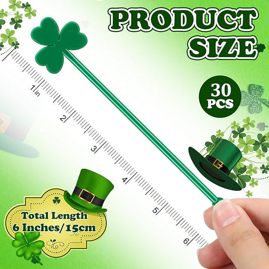 30 Pcs Saint Patrick's Day Drink Stirrers Irish Shamrock Stir Sticks Cocktail Drink 6" Plastic Swizzle Sticks Reusable Shamrock Stirrer for Coffee Beverage Party Bar Supplies (Stylish Style)