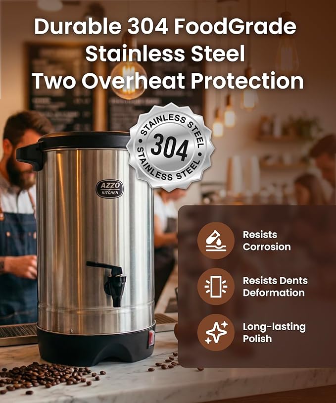 AZZO KITCHEN Commercial Coffee Maker 45-Cup Large Coffee Urn with Percolator Coffee Pot Electric 6.9L Stainless Steel Fast Brew Hot Water Dispenser for Tea Catering Events Home Office Easy Cleaning