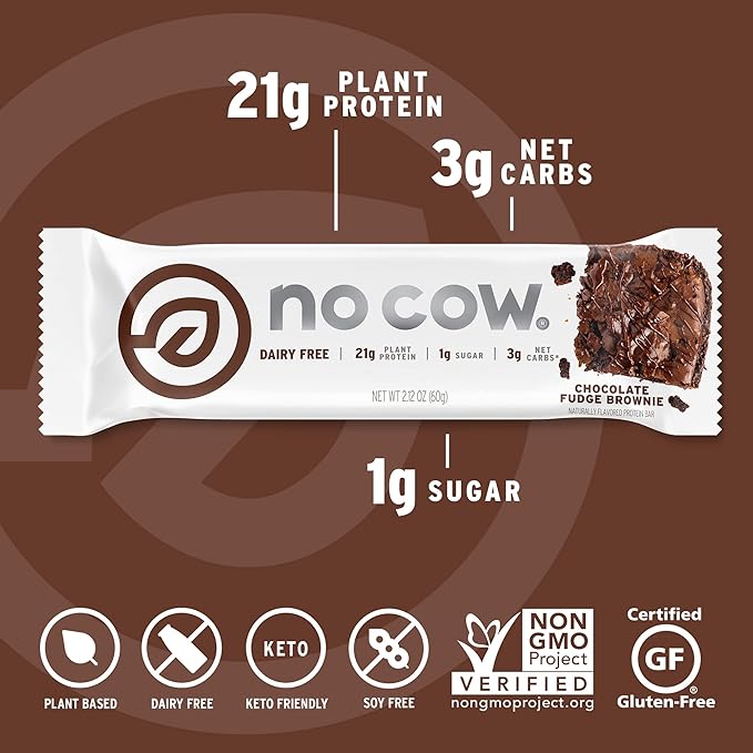No Cow Vegan Protein Bars, Upgraded Chocolate Fudge Brownie | 20g Plant Based Protein, Gluten Free, Dairy Free, Soy Free, Keto Friendly, Low Sugar, High Fiber Snack Bars | Pack of 12