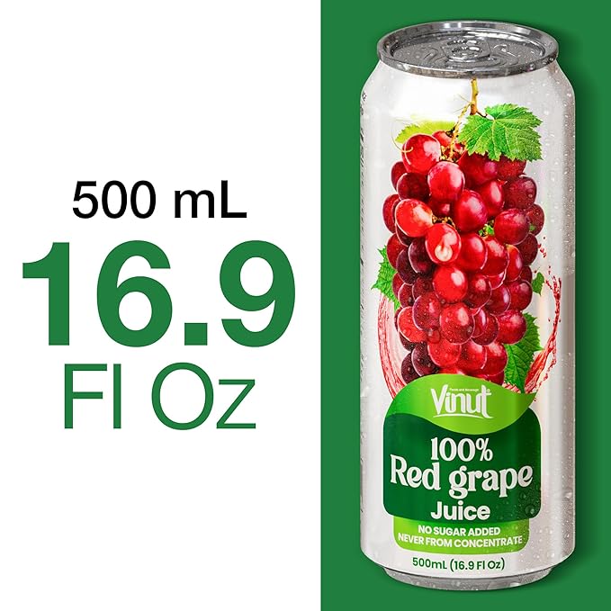 VINUT 100% Red Grape Juice, No Added Sugar, Not From Concentrate, 16.9 fl oz (500 mL) Can, Pack of 12