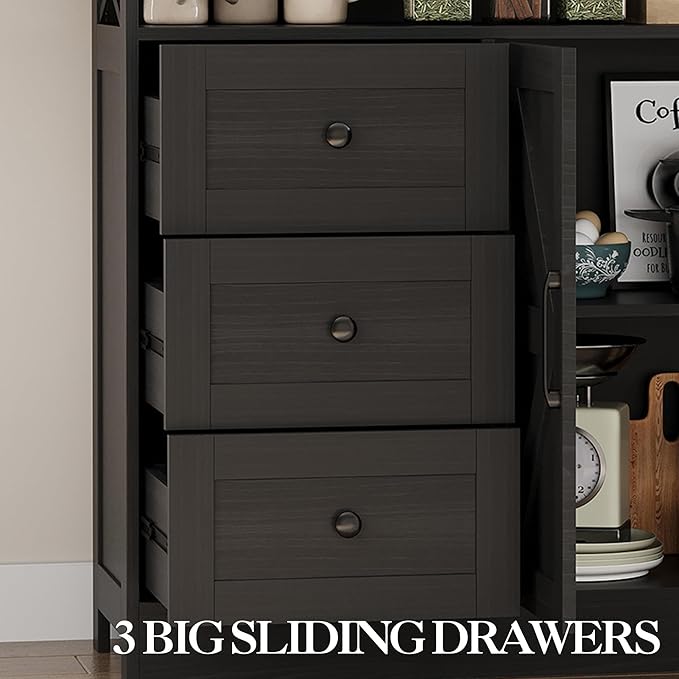GAOMON 51Inch Sideboard Buffet Cabinet, Wood Rustic Coffee Bar Large Buffet Storage Cabinet with Drawers and Power Outlets Shelves Doors for Dining Kitchen Living Room, Black
