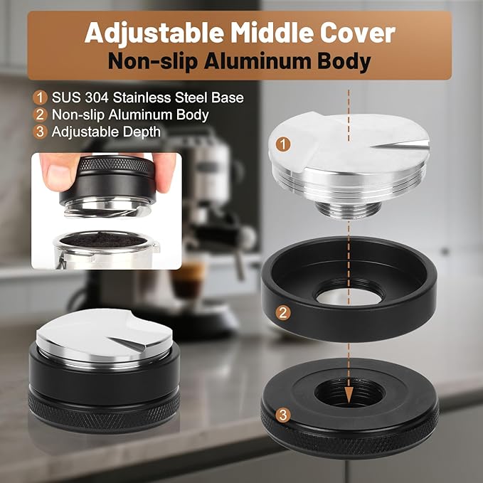 53mm Espresso Tamper Kit - Spring-loaded Coffee Tamper, Adjustable Depth Espresso Distributor Leveler, Magnetic Dosing Funnel Aluminum Metal, Reusable Puck Screen, Fit Breville 54mm Portafilters