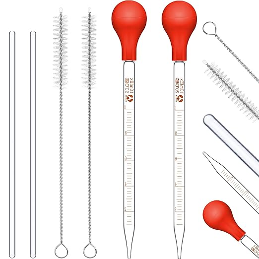 Weewooday Glass Droppers Pipettes Graduated Lab Dropper Glass Liquid Pipette with Big Rubber Hats 20 cm Stir Rod Washing Brush Transfer for Liquid Essential Oil(8 Pieces,Red,10 ml)