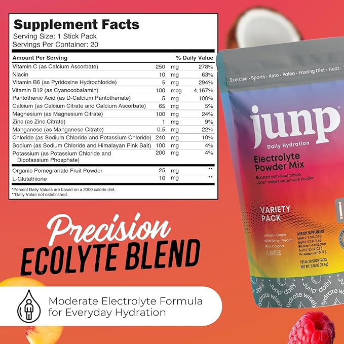 JUNP Sugar Free Electrolytes Powder Packets for Water Instant Hydration Packets with Salt & Potassium, Zero Calorie No Carbs No Sugar Keto Electrolyte Drink Mix Sticks, 5 Flavor Variety Pack, 5 Count