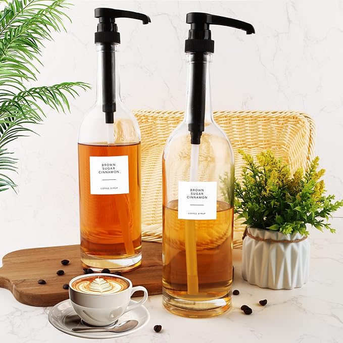 4 PCS 25 Oz Glass Coffee Syrup Dispenser 750 ML Glass Syrup Bottle With Pump And Labels Black Coffee Syrup Pump Dispenser for Coffee Bar Accessories, Home Bar