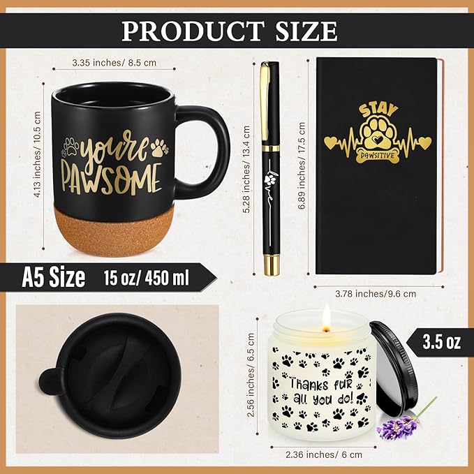 4 Pcs Veterinary Gifts Set Black Thank You Gift for Cat Dog Groomers Trainer Coffee Mug Scented Candle Notebook Pen for Vet Tech Veterinary Assistant Receptionist Dog Sitter Daycare Coworker