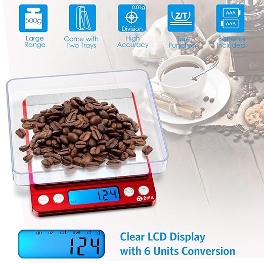 AMIR Upgraded Digital Kitchen Scale, 500g Mini Pocket Jewelry Scale, Cooking Food Scale with Back-Lit LCD Display, 2 Trays, 6 Units, Auto Off, Tare, Stainless Steel (Batteries Included)