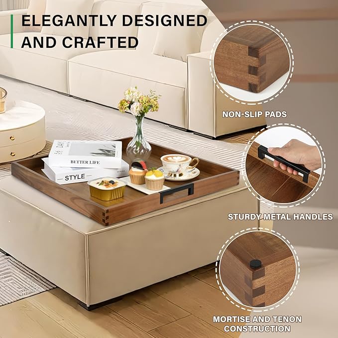 Large Ottoman Tray for Living Room and Coffee Table, Decorative Acacia Wood Serving Tray with Handles for Breakfast in Bed, Dinner Food Kitchen TV (Natural, 22" x 22" x 2")