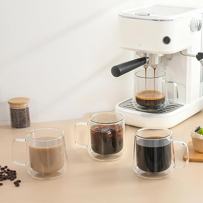Aurzen 13oz Glass Coffee Mugs,Double Wall Insulated Glass Cups with Handle,Clear Espresso Mugs for Latte,Cappuccino,Tea Bag (2, 13oz)