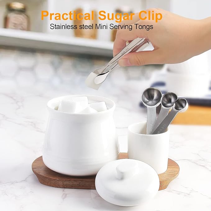 Nucookery Porcelain Sugar Bowl Set – 14 Ounce Large Sugar Jar with Lid and Measuring Spoon – Deluxe Salt Bowl with Spoons – Practical Design with No Notch Lid – Elegant Salt Container White
