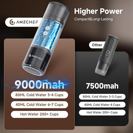 AMZCHEF Portable Coffee Maker Rechargeable w/ 9000mAh Battery, 2-in-1 Travel Espresso Maker for Ground/NS Capsules, Car Espresso Machine Self-Heating for Camping, RV, Hiking, Office