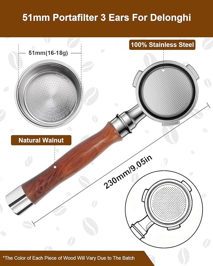 51mm Bottomless Portafilter 3 Ears Compatible with Delonghi Dedica EC680/EC685/EC885 and SMEG, EUPA Espresso Machines, Espresso Naked Bottomless Portafilter with Puck Screen and 18g Filter Basket-Wood