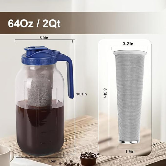 Cold Brew Coffee Maker - 64 Oz Heavy-Duty Glass Mason Jar Pitcher with Stainless Steel Filter, Leak-Proof Lid, Ergonomic Handle & Precision Pour Spout – Ideal for Iced Coffee, Tea, Cold Brew (Blue)