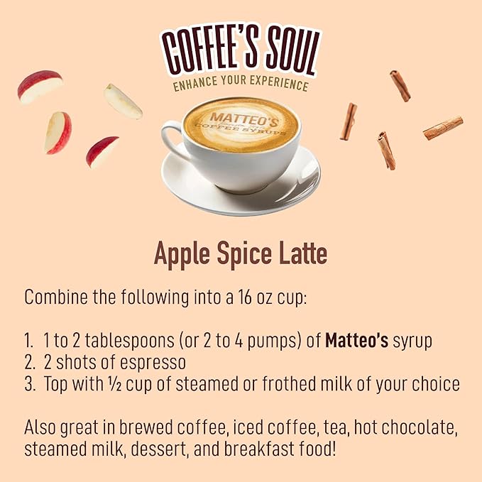 Matteo's Apple Spice Syrup for Coffee, Lattes, Cappuccinos & Desserts – Sugar-Free Sweetener for Beverages, Keto Friendly, Zero Calories, Indulgent Flavor, Non-Alcoholic, Ideal for Coffee 33.8oz (1pk)
