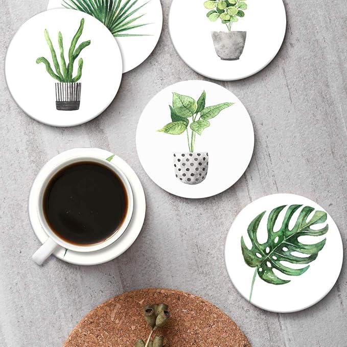 Britimes Set of 6 Coasters for Drinks Absorbent Green Leaves with Cork Base, Metal Holder, Round Stone Drink Mat for Coffee Wood Table, Gift for Birthday, Farmhouse Housewarming Room Bar Decor