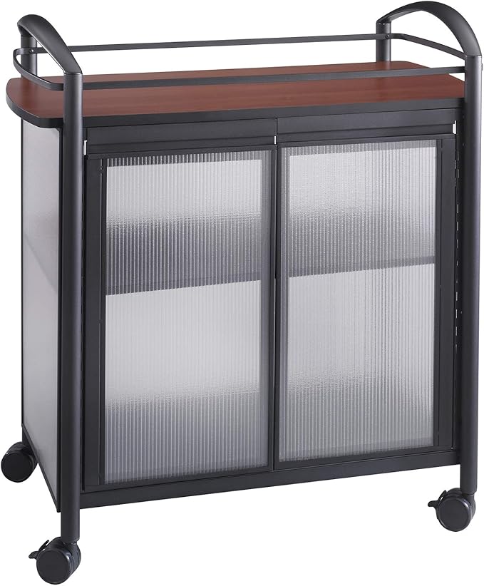 Safco Impromptu Refreshment Cart, 200 lbs. Capacity, Double Doors, Swivel Wheels, Cherry Top, Black Frame