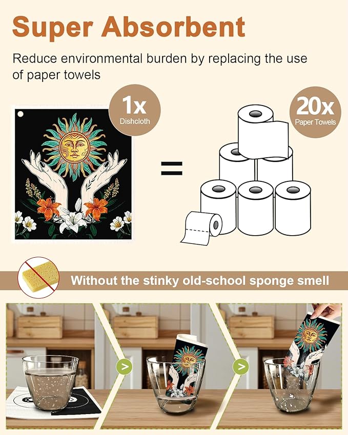 Kitchen Swedish Dishcloths with Hooks - 6 Pack Reusable Dish Cloths for Washing Dishes Fast Drying Cute Fun Swedish Dish Towels Washable Cleaning Sponge, Sun Moon Butterfly