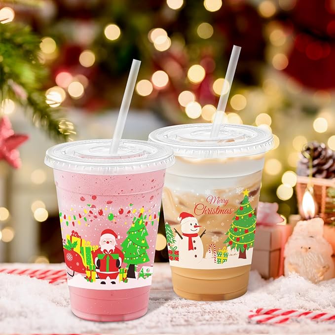 Lamosi 50 Pack 16 oz Christmas Clear Plastic Cups with Lids and Straws, Disposable Snowman Santa Plastic Coffee Cups with Lids for Family Gatherings, Wedding, Parties