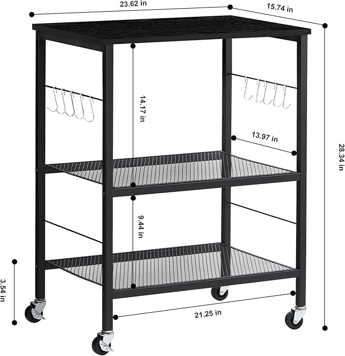 LIANTRAL Rolling Cart, 3-Tier Utility Microwave Bar Coffee Cart Kitchen Storage Shelf On Wheels, Black Large Side End Table Nightstand for Home Office