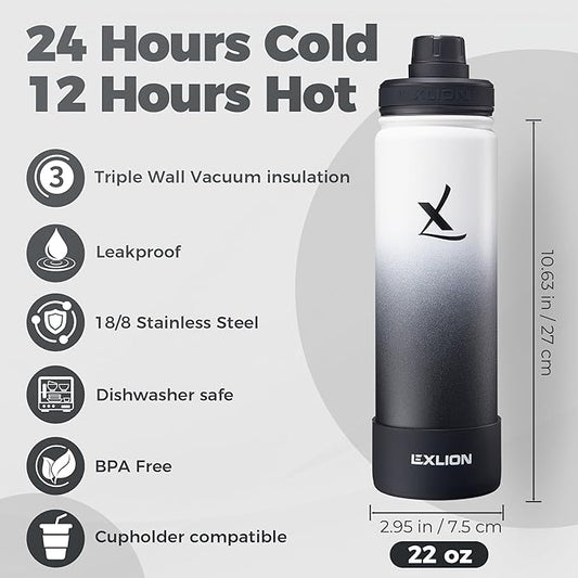 Lexlion Tea Infuser Water Bottle 22 Oz – Triple Wall Insulated Stainless Steel, Loose Leaf & Fruit Strainer, 3 Leakproof Lids, BPA-Free Silicone Sleeve, Reusable Thermal Mug