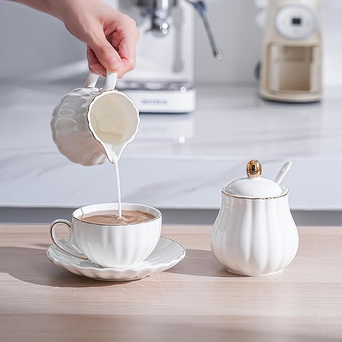Ceramic Sugar and Creamer Set, 3 Piece Set with Cream Pitcher, Sugar Bowl, Spoon (White)