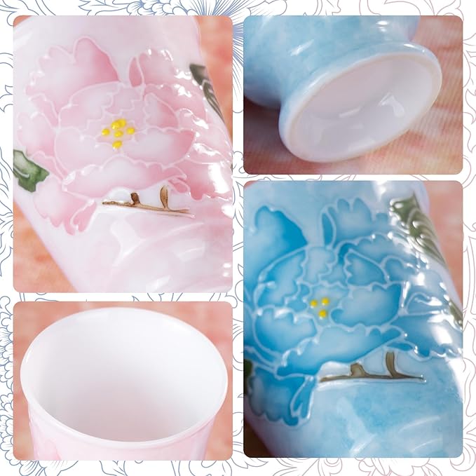KAMMAK Ceramic Tea Cups Small, Cute Vintage Coffee Cup Set of 2, Porcelain Teacups Espresso Mug, 1.7oz Hand Painted Chinese Afternoon Tea Party Mugs, Birthday Gift for Women Men, Hand-Piled Peony