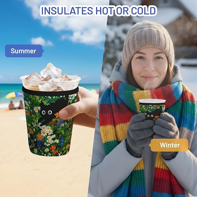 Iced Coffee Sleeve Reusable Cup Sleeves for Cold Drinks Neoprene Koozie Cozy Plastic Cup Covers for Drinks, Cat Garden