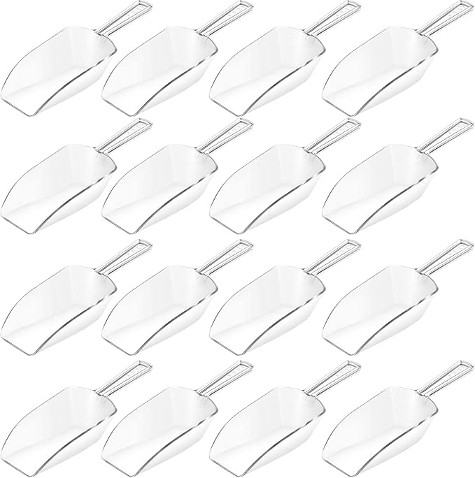 Hestya 16 Pcs Multi Purpose Clear Plastic Scoops for Candy Buffet Acrylic Kitchen Ice Food Popcorn Scoops for Protein Powders, Ice Cream, Coffee, Tea Jar (4.3 Inch)