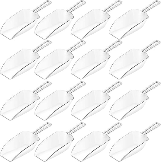 Hestya 16 Pcs Multi Purpose Clear Plastic Scoops for Candy Buffet Acrylic Kitchen Ice Food Popcorn Scoops for Protein Powders, Ice Cream, Coffee, Tea Jar (4.3 Inch)