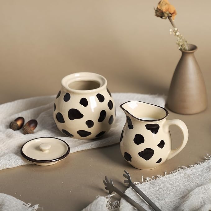 CHOOLD Retro Cow Pattern Creamer and Sugar Bowl Set, Cream Pitcher, Sugar Bowl with Lid, Coffee Serving Set