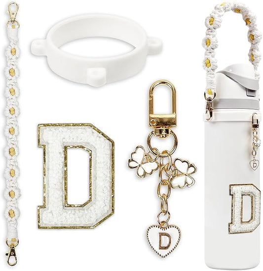 Compatible with Owala Water Bottle Accessories, Cute Letter Charm Set with Boho Handle Strap, Monogram Sticker, Silicone Ring, Keychain Decoration, for FreeSip 24 32 40oz, Owala Kids, Tumbler Gift