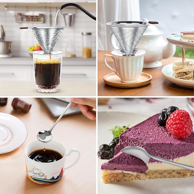 Pour Over Coffee Dripper, LOOFORE Stainless Steel Coffee Filter 1-4 Cup, Metal Cone Filter Paperless Reusable Coffee Filter, Double Mesh Design with Spoon and Cleaning Brush