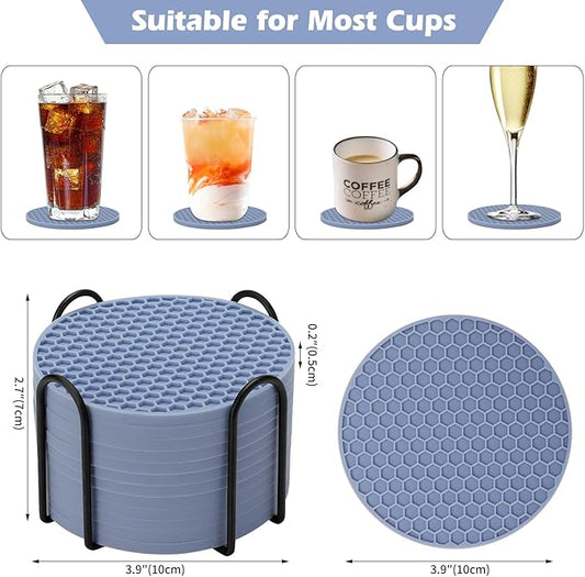 Silicone Coaster Set of 12 with Holder, Drinks Coasters, Beer & Coffee, Suitable for All Cups, Hot or Cold, Anti-Slip, Non-Stick, Anti-Overflow Tabletop Protection and Decor (12 Pcs, Blue)