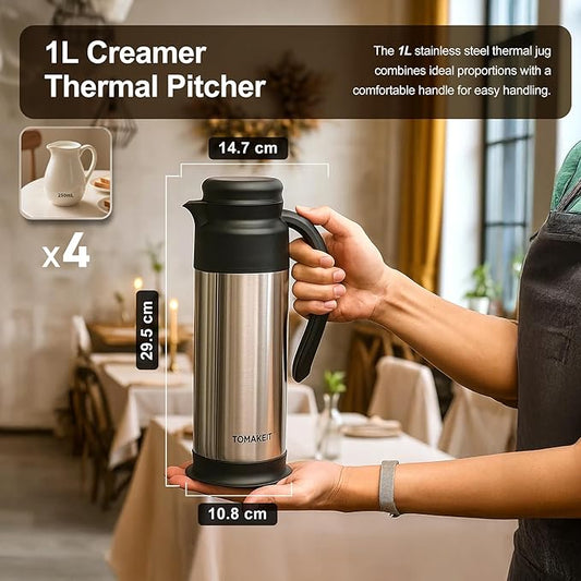 Creamer Pitcher for Coffee,1L/34 Oz Thermal Coffee Carafe,Stainless Steel Coffee Carafes for Keeping Hot and Cold,Double-Wall Design,12-Hour Hot & Cold,Leak-Proof, Portable for Travel,Camping,Office