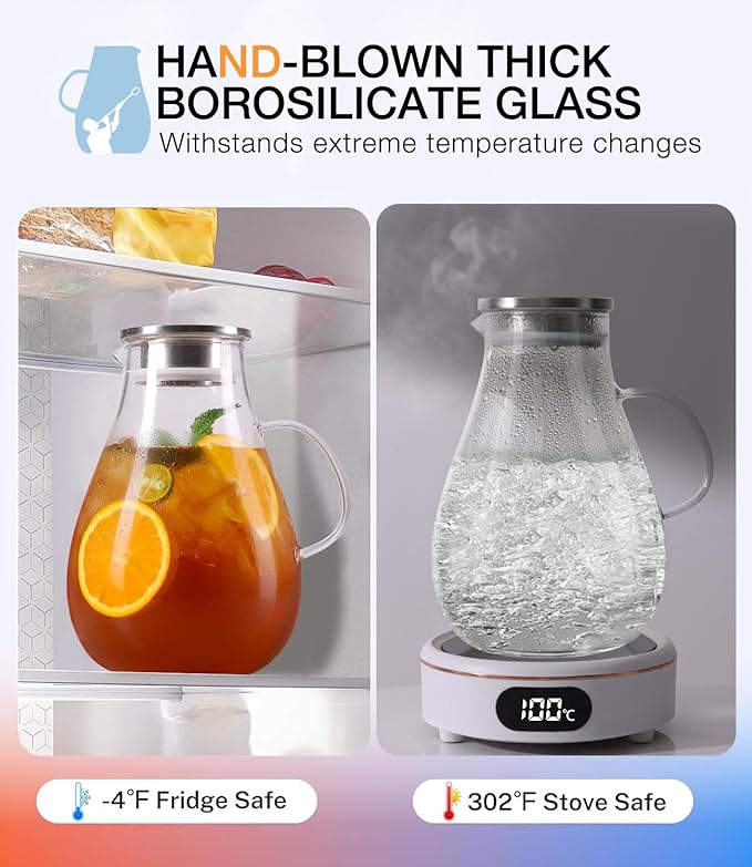 LUNA & MANTHA 1 Gallon Glass Pitcher with Lid, 128oz Glass Water Pitcher with Handle for Fridge, Borosilicate Large Water Jug, Iced Tea, Coffee and Sangria Hot/Cold Beverage (Extra-Wide Mouth)