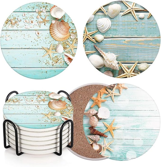 Britimes Coaster for Drinks Set of 6, Beach Seashells Wooden Nautical Wood Sand Table Coastal Absorbent Round Ceramic Stone Mat, with Cork Base and Metal Holder, Gift for Housewarming Room Bar Decor