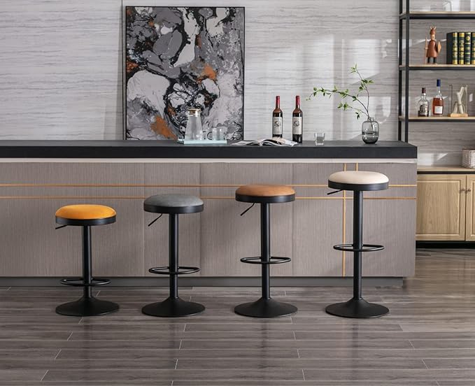 Round Swivel Counter Height Bar Stools Set of 3 Modern Adjustable Barstools Backless PU Leather Bar Chairs Industrial Island Chairs with Metal Base/Footrest for Kitchen Island/Pub, Beige