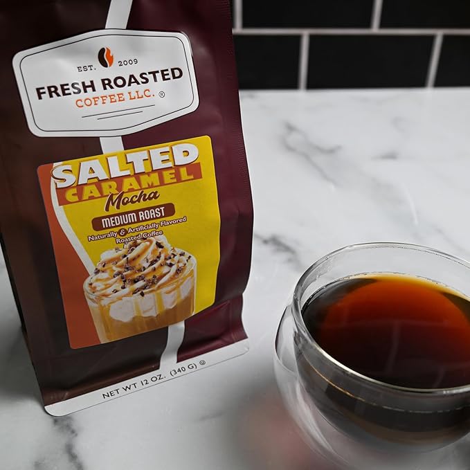Fresh Roasted Coffee, Salted Caramel Mocha Flavored Coffee, 12 oz, Medium Roast, Kosher, Ground