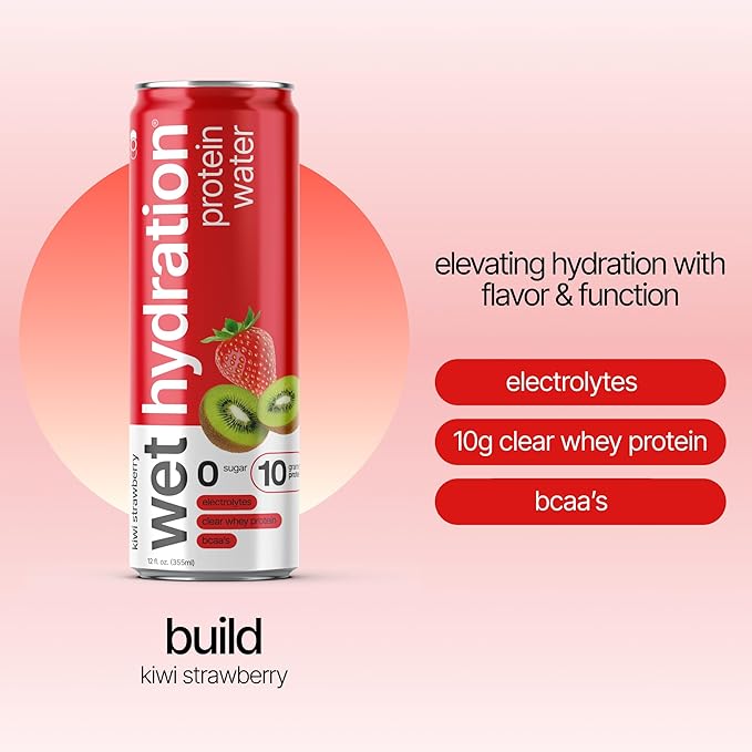 Wet Hydration Protein Water | Electrolyte Drink with Clear Whey Protein & BCAAs - Kiwi Strawberry Flavor (12oz Cans, Pack of 12) | Zero Sugar, 10g Protein, Low Calorie, Functional Hydration