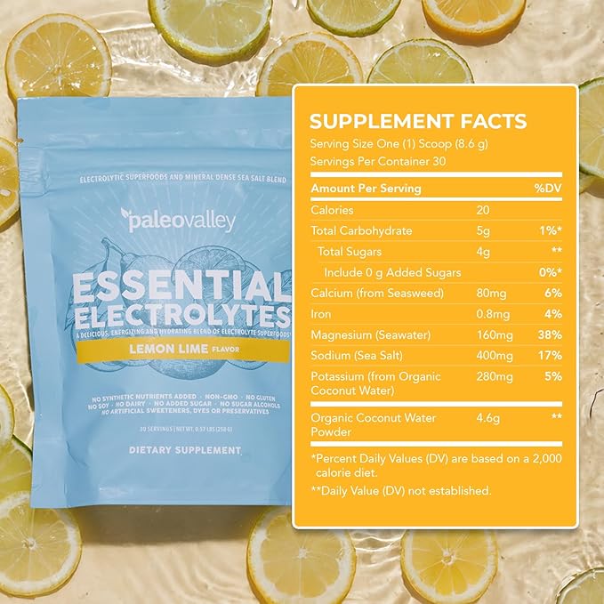 Paleovalley Essential Electrolytes Powder - Full Spectrum Lemon Lime Electrolyte Powder for Hydration, Energy and Muscle Recovery - No Sugar Added - 30 Servings