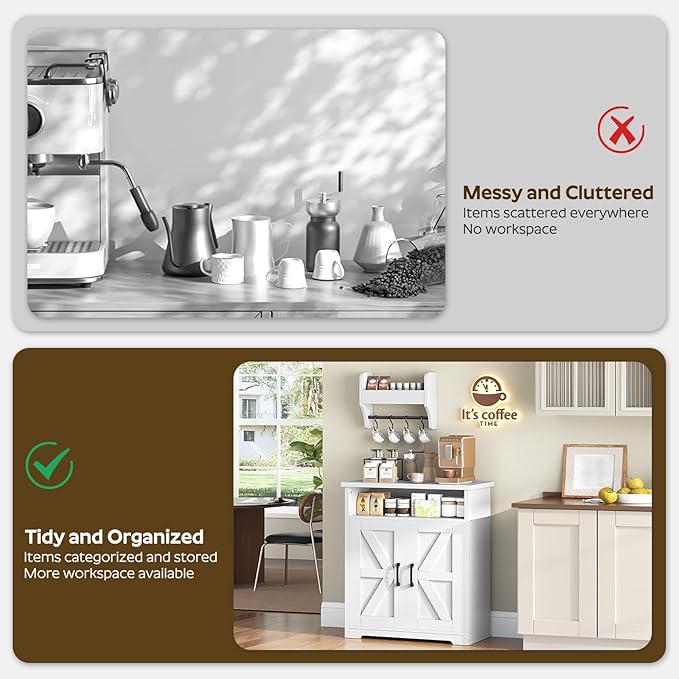 Coffee Bar Cabinet, Kitchen Island with Storage, Farmhouse Sideboard Buffet Cabinet with Dual-Purpose Floating Shelf and Hooks, for Kitchen, Restaurant, Living Room, White KF22WT