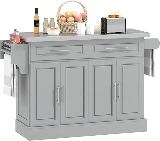 HOMCOM Rolling Kitchen Island Cart with 47" Stainless Steel Top, Portable Island Table for Kitchen with Wheels, Adjustable Shelves, 2 Drawers, Spice, Knife and Towel Rack, Gray
