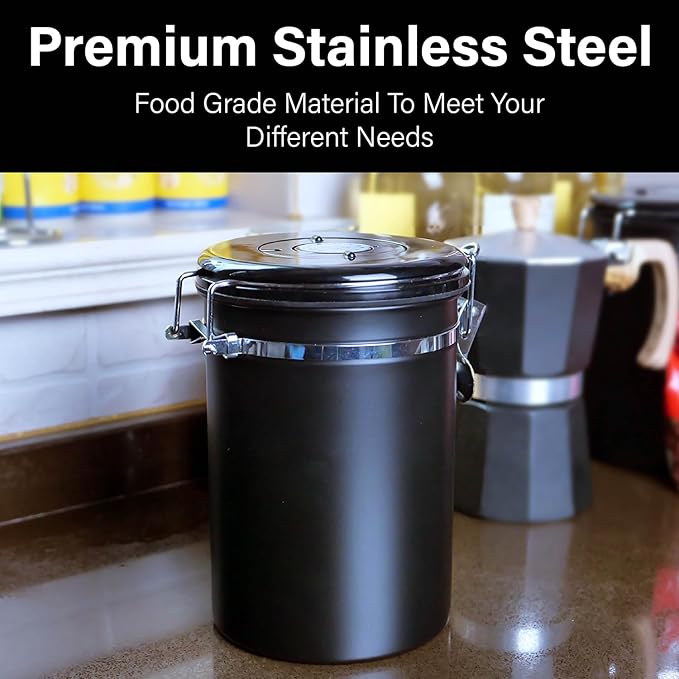 Kmass Kmaxx 2pack 22oz Airtight Stainless Steel Coffee Canister Food Storage Container with Date Tracker and Measuring Scoop for Coffee Beans or Grounds, Tea, Sugar, Rice (BLACK)
