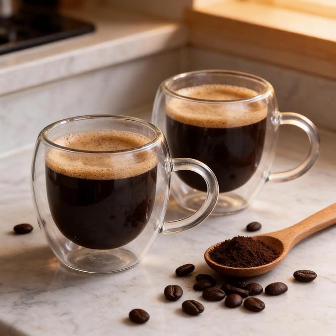 2.5oz Espresso Cups Set of 4, Small Expresso Shot Glass, Clear Expresso Coffee Cup with Handle, Double Wall Insulated Espresso Mugs,Tazas De Cafe Expreso, Suif for Espresso Machine Accessories