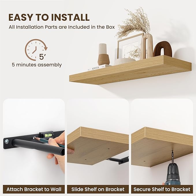 Fun Memories 32 x 10 Floating Shelves Wall-Mounted - Rustic Wood Shelf - 10 Inch Deep Floating Shelves for Wall - Large Storage Shelf for Bathroom - Kitchen & Bedroom - Oak - Set of 2